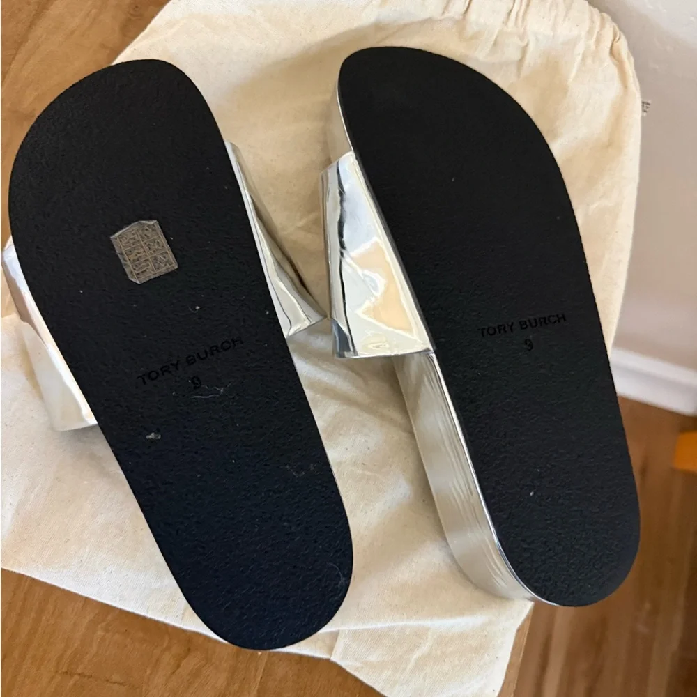 Tory Burch Silver Slides with Gold Detail - Picture 6 of 6
